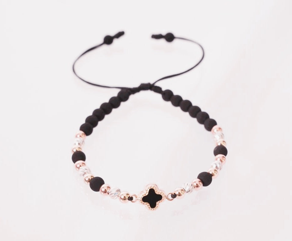 PULSERA HERRAJE DE TREBOL NEGRA-PULSERAS TEJIDAS-JOYERIA D'ORÉ-ORO LAMINADO 18K CALI