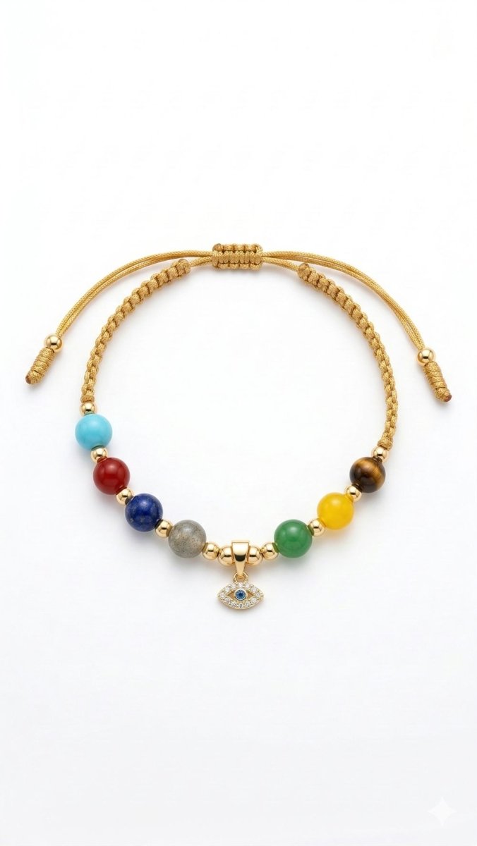 PULSERA 7 CHAKRAS CON OJO TURCO 3 Y 4 MM-PULSERAS TEJIDAS-JOYERIA D'ORÉ-ORO LAMINADO 18K CALI