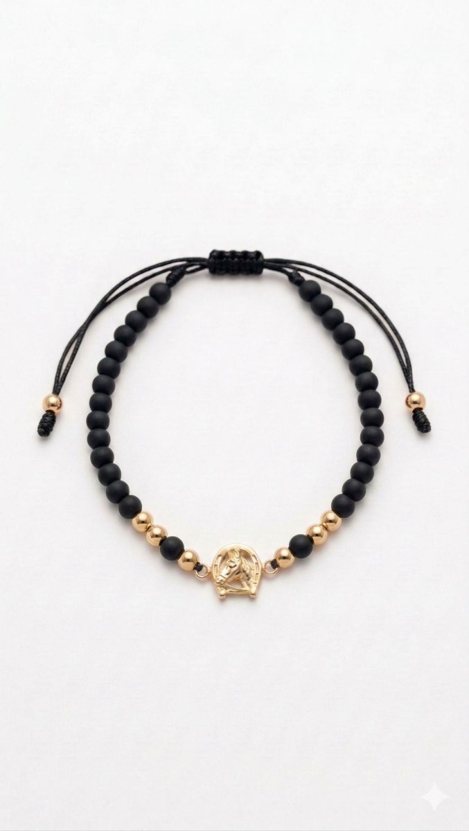 PULSERA HERRAJE DE CABALLO 4MM NEGRO-PULSERAS TEJIDAS-JOYERIA D'ORÉ-ORO LAMINADO 18K CALI