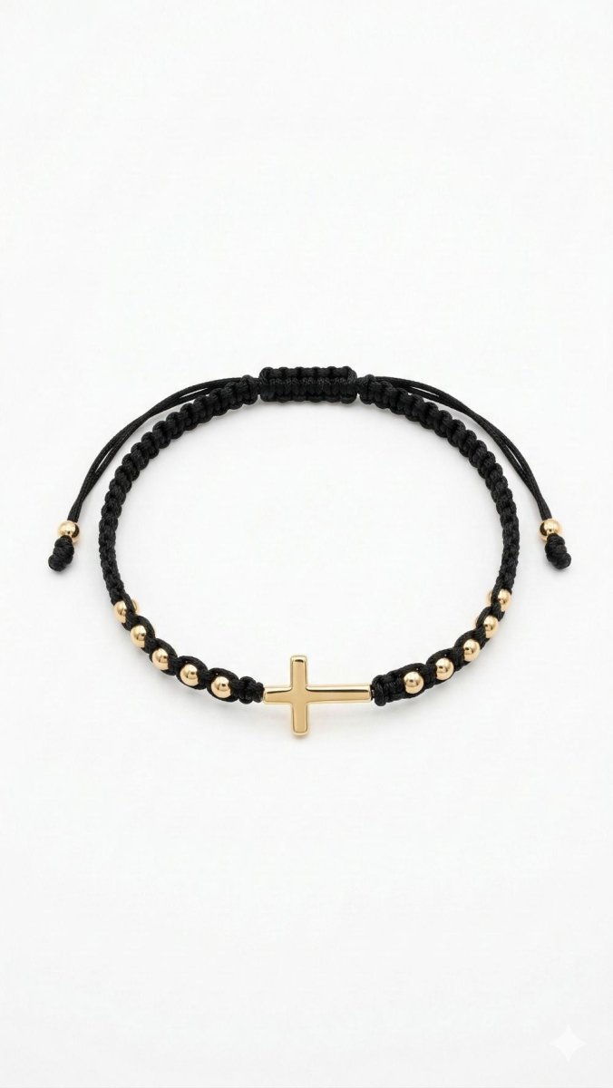 PULSERA HERRAJE DE CRUZ MEDIANA 4MM NEGRO-PULSERAS TEJIDAS-JOYERIA D'ORÉ-ORO LAMINADO 18K CALI