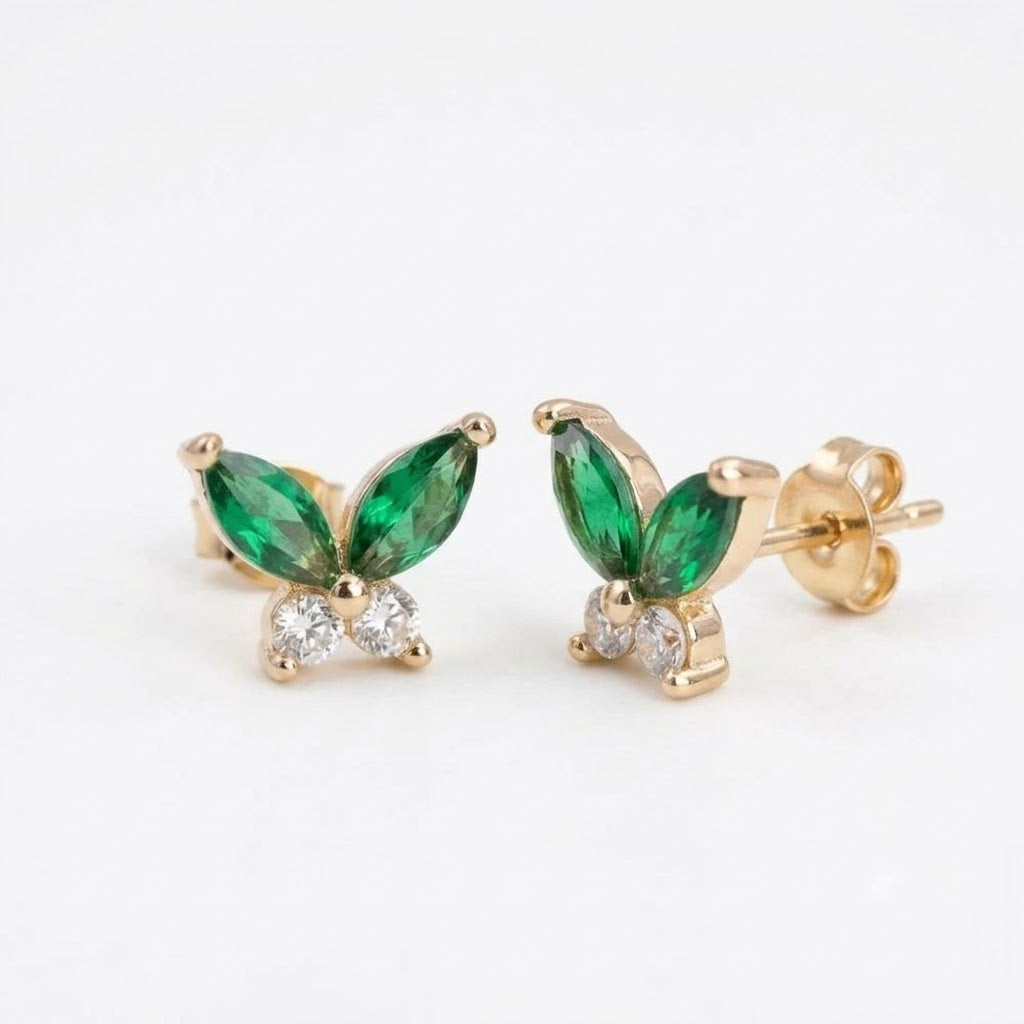 TOPOS MARIPOSA CON CIRCONES VERDES Y BLANCOS oro laminado 18k cali